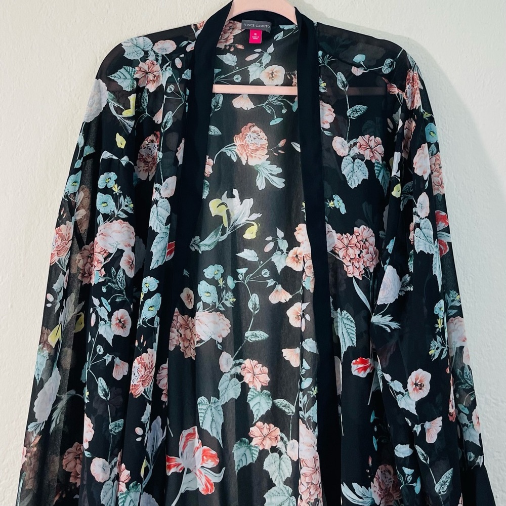 Vince Camuto Floral Sheer Kimono Cardigan Women Size XL Black/Pink Boho Vacay - Picture 5 of 9